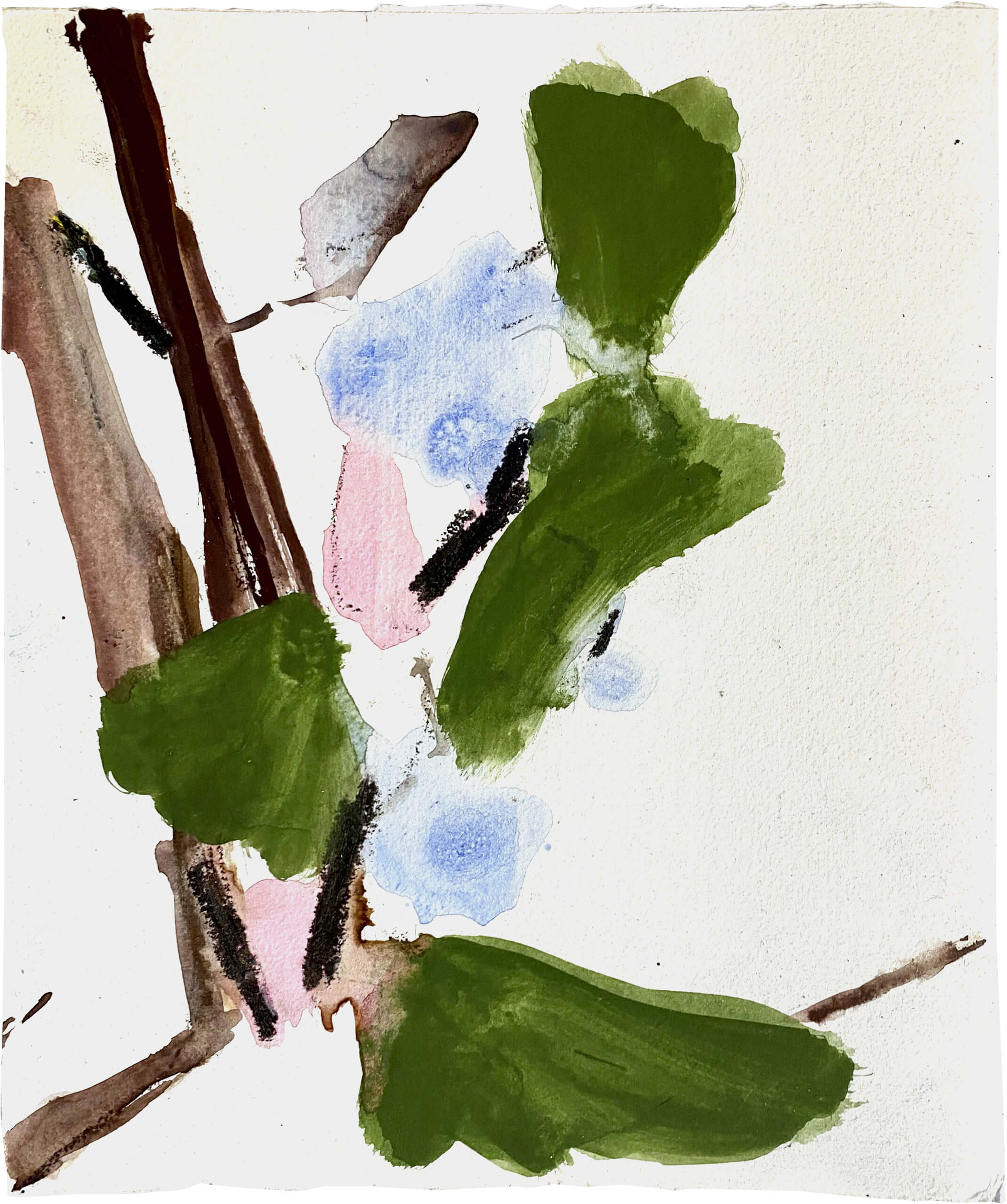 Branch, 2025, egg tempera and wax crayons on handmade paper, 23 x 19 cm