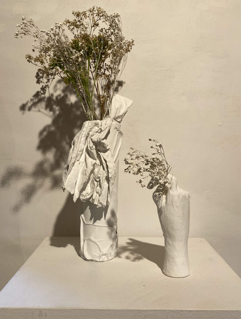 Embrace of Memory, plaster, fabric, plastic, 60 x 40 x 30 cm & 27 x 14 x 18 cm